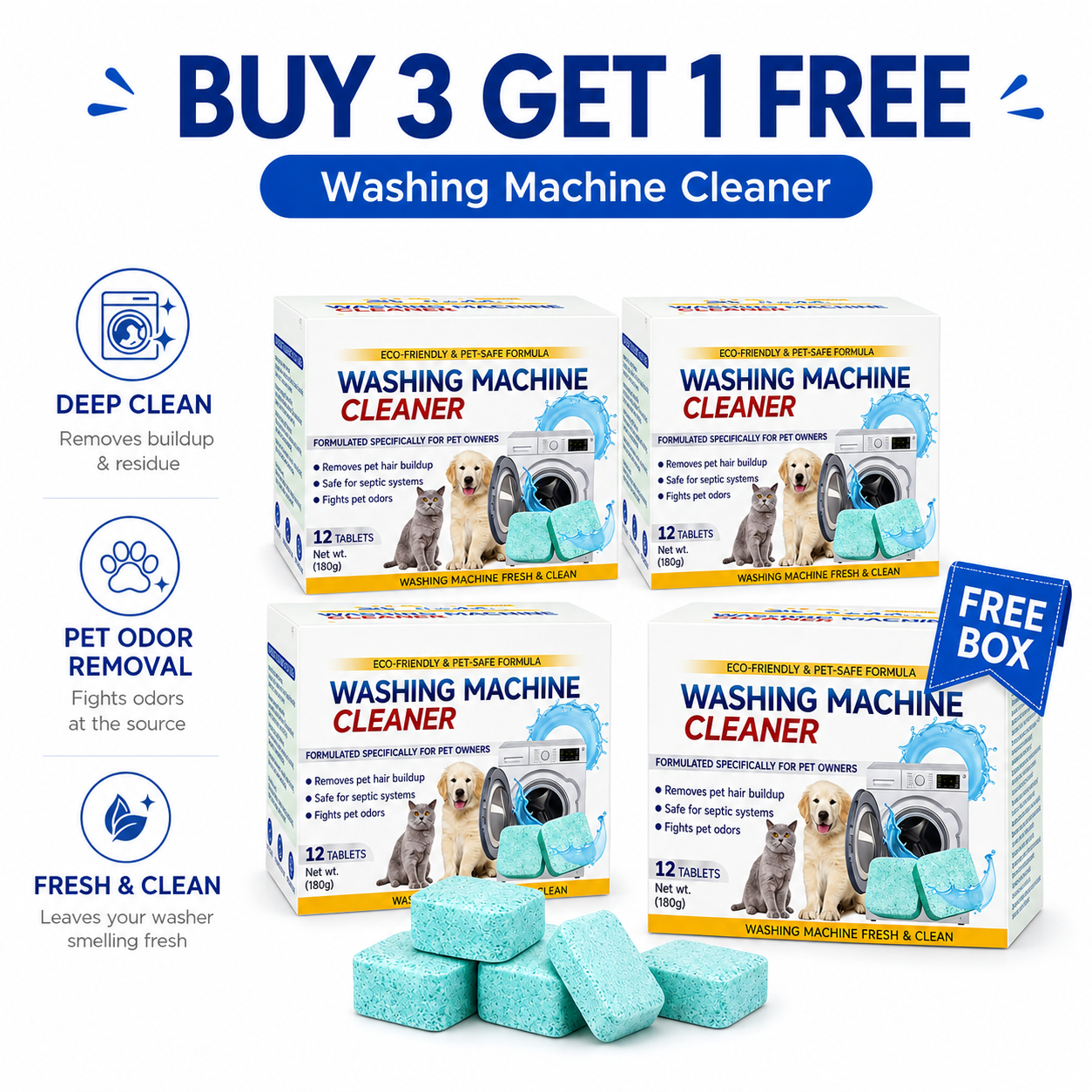 🔥LAST DAY 50% OFF🔥🫧Eco-Friendly Washing Machine Cleaner Tablets(12 Pack), Removes Pet Hair Buildup, Strong Deodorization.✨