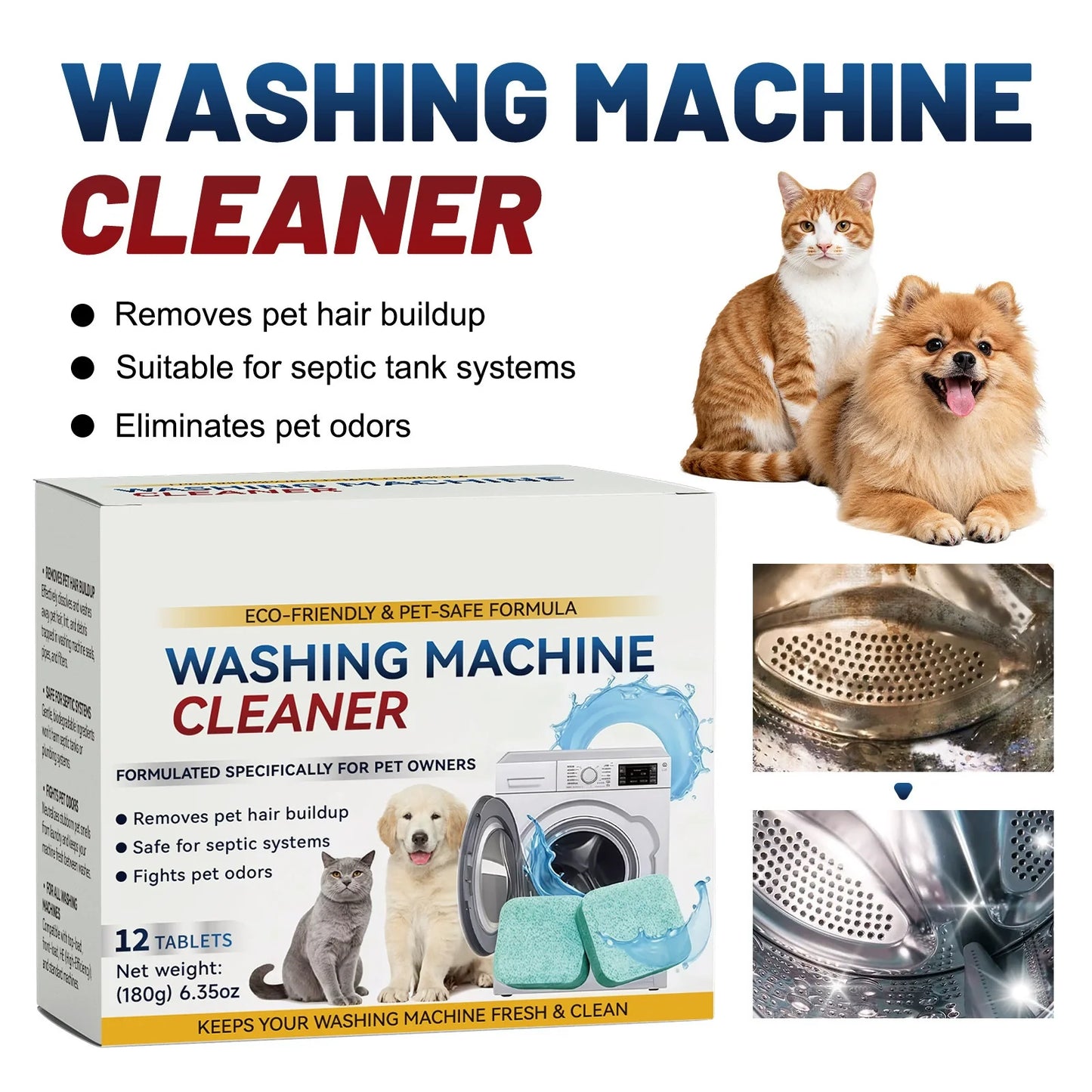 🔥LAST DAY 50% OFF🔥🫧Eco-Friendly Washing Machine Cleaner Tablets(12 Pack), Removes Pet Hair Buildup, Strong Deodorization.✨