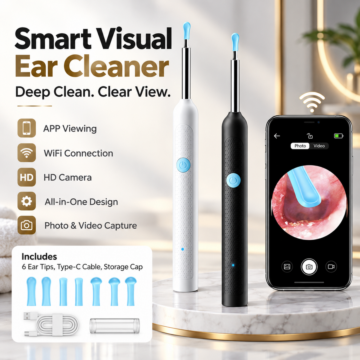 ✨ Last Day 50% OFF 👂 Smart Visual Ear Scoop – HD Ear Camera & Temperature Control, 9-Piece Kit