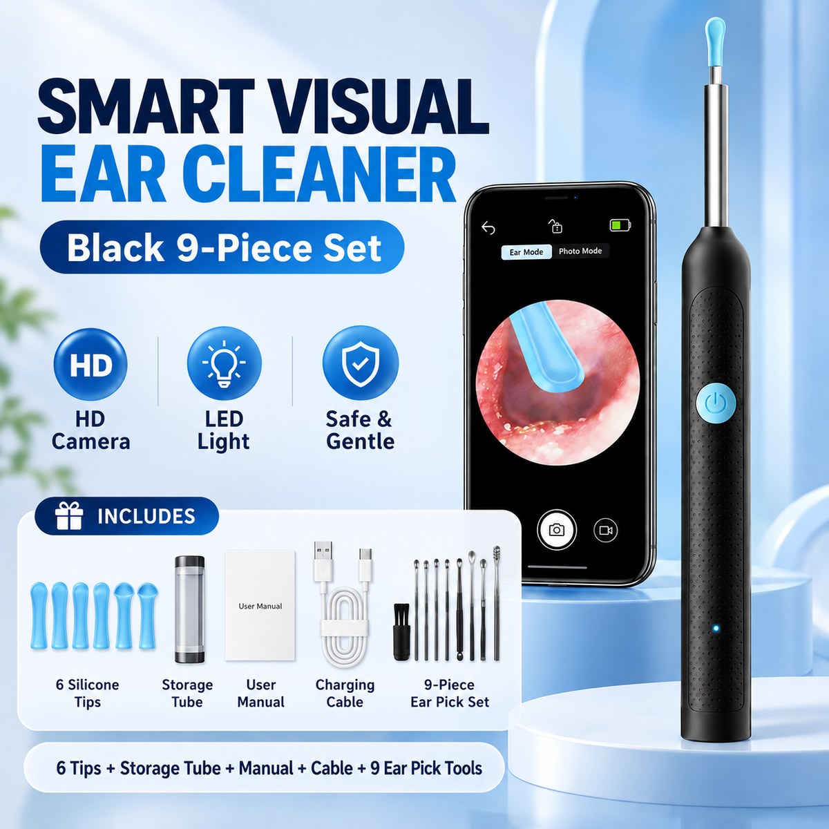 ✨ Last Day 50% OFF 👂 Smart Visual Ear Scoop – HD Ear Camera & Temperature Control, 9-Piece Kit