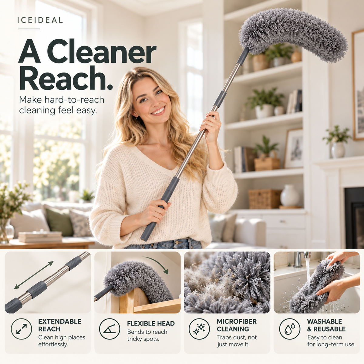 ✨ Telescopic Microfiber Duster — Extendable Reach, Flexible Head & Dust-Trapping Fibers | Reach More. Clean Easier. Less Effort. 🧹