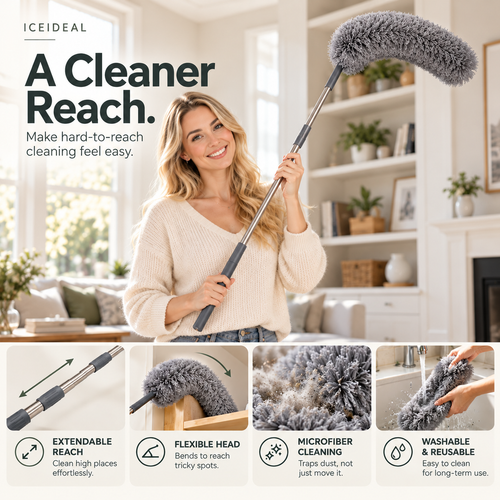 ✨ Telescopic Microfiber Duster — Extendable Reach, Flexible Head & Dust-Trapping Fibers | Reach More. Clean Easier. Less Effort. 🧹