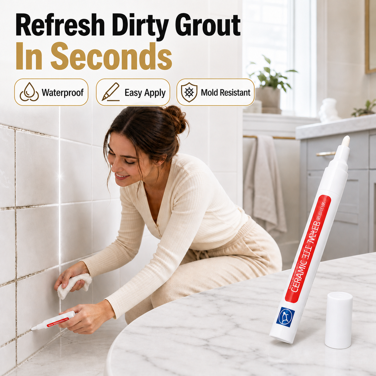 ✏️Grout Pen, Waterproof Anti‑Mold Tile Grout Refresher for Ceramic Tile Seams Bathroom Kitchen Floor