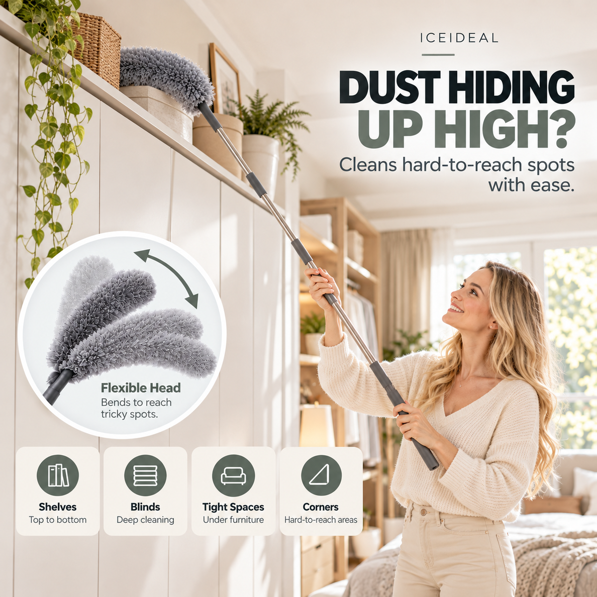 ✨ Telescopic Microfiber Duster — Extendable Reach, Flexible Head & Dust-Trapping Fibers | Reach More. Clean Easier. Less Effort. 🧹