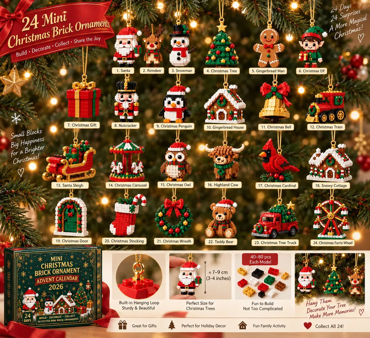 🎄 24-Day Christmas Brick Ornament Advent Calendar Set 🎁