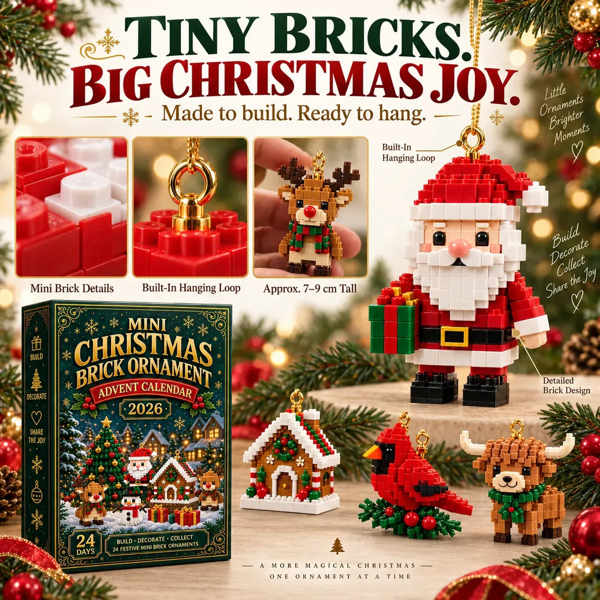 🎄 24-Day Christmas Brick Ornament Advent Calendar Set 🎁